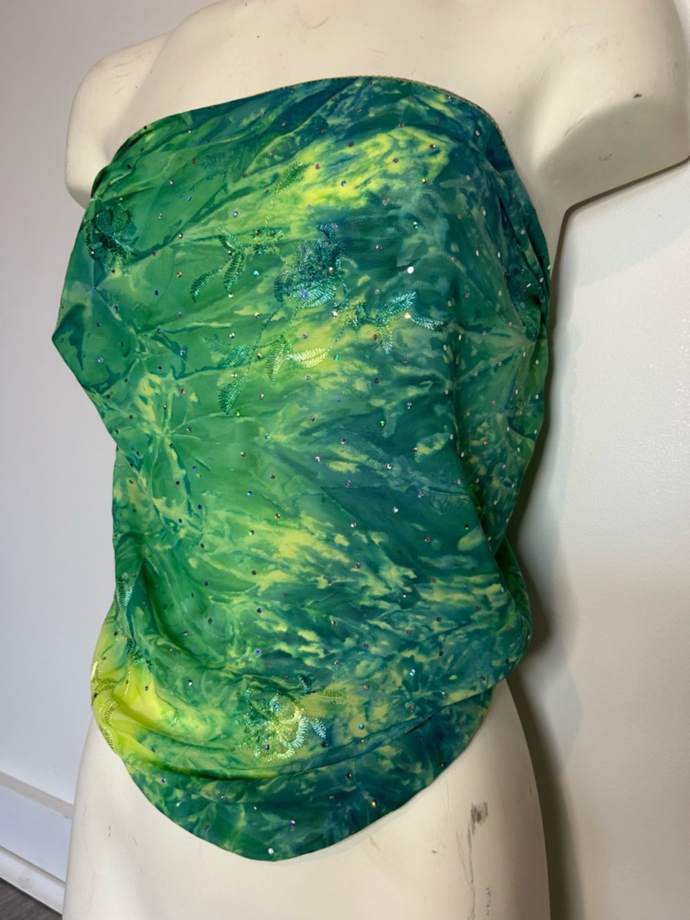 Green Tie-Dye Strapless Scarf Top